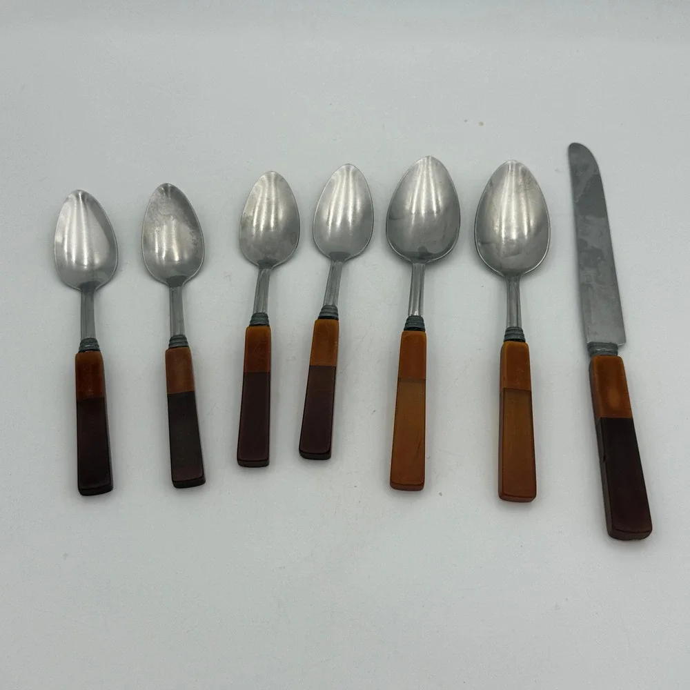 Vintage Bakelite Handle Flatware Set 7pc Stainless Steel Mixed Spons Knife MCM